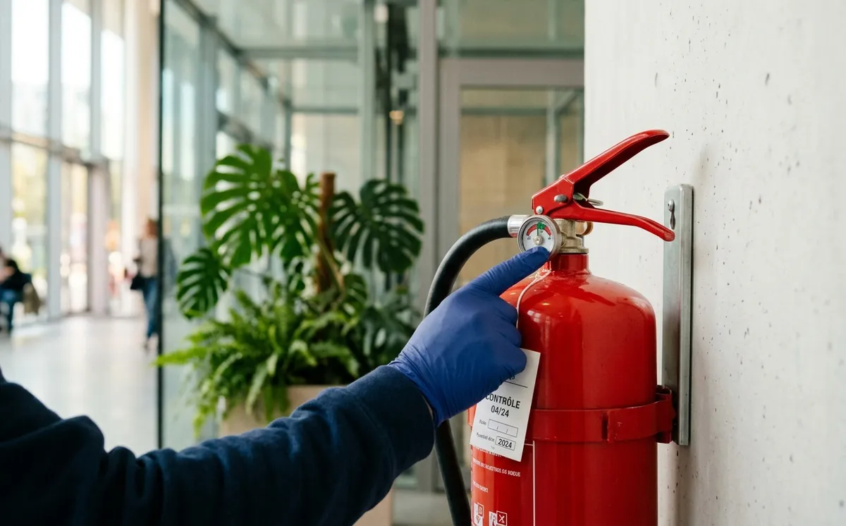 Vérification d'un extincteur dans un établissement recevant du public